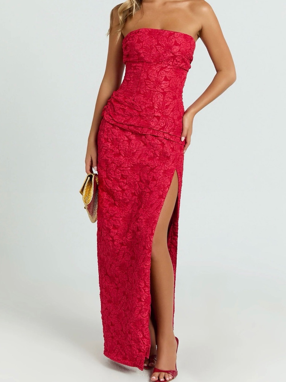 Showpo Red Strapless Lace Gown with High Slit